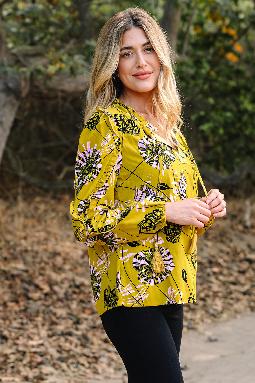 Yellow Vintage Floral V Neck Ruffle Trim Long Sleeve Blouse Dear-Lover Dropshipping